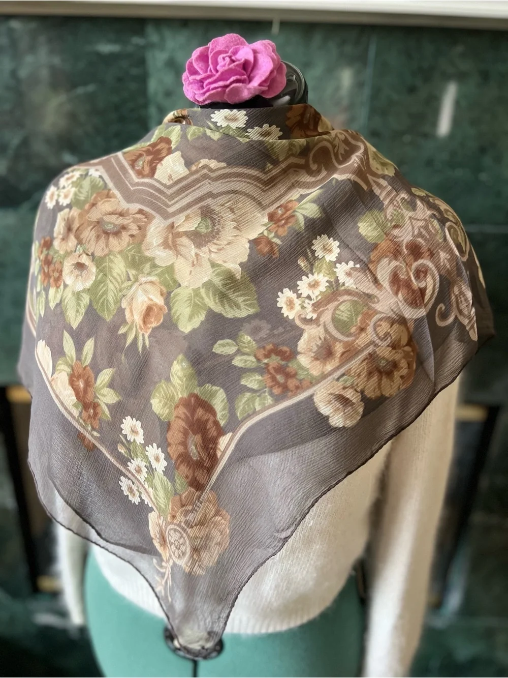 Vintage Floral 100% Silk Scarf Made in Italy Brown & Green Square Retro Feminine
